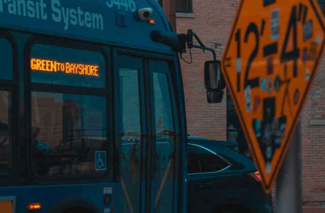 A public transit bus on a city street