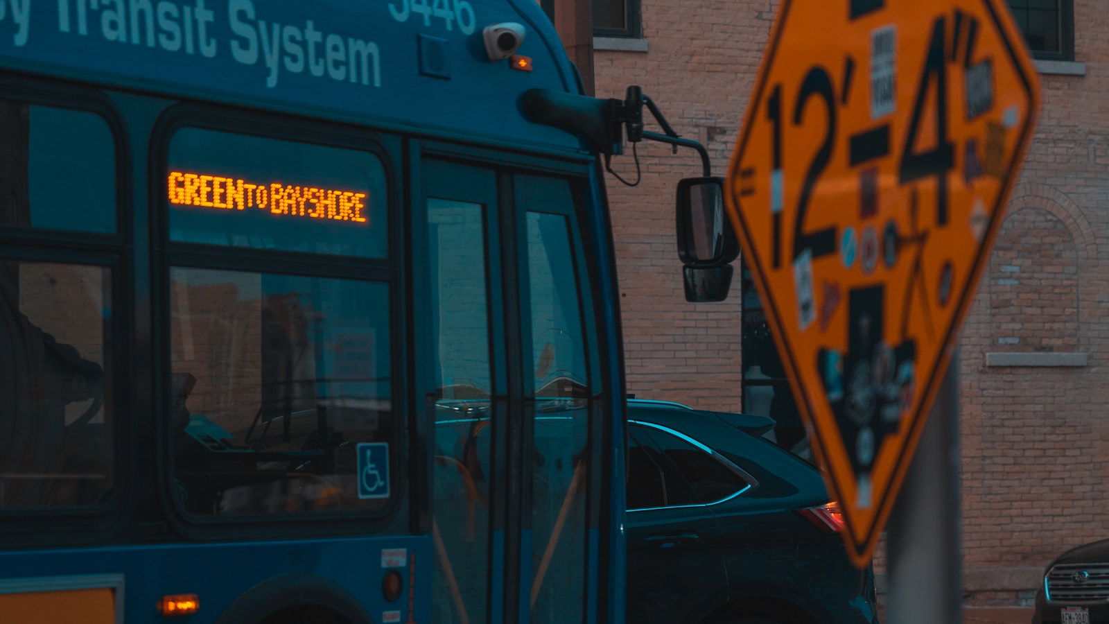 A public transit bus on a city street