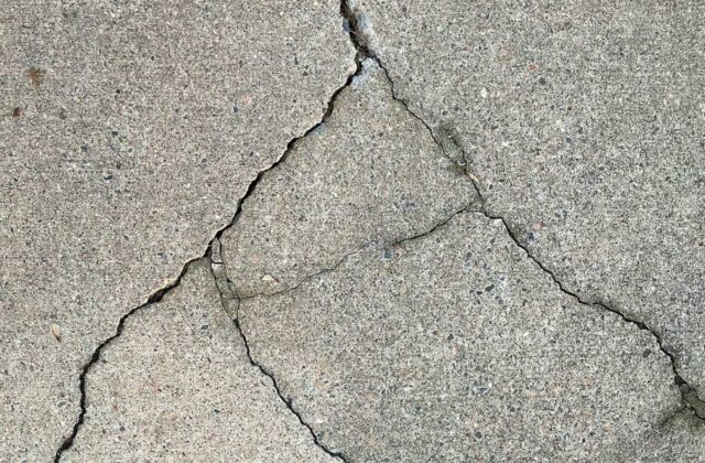 Concrete sidewalk lifted and cracked by tree roots on a residential street