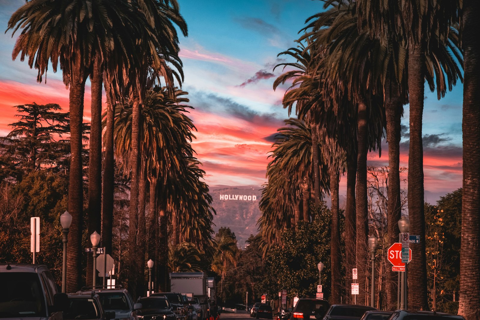 Tall palm trees lining a Los Angeles street at sunset with hills behind